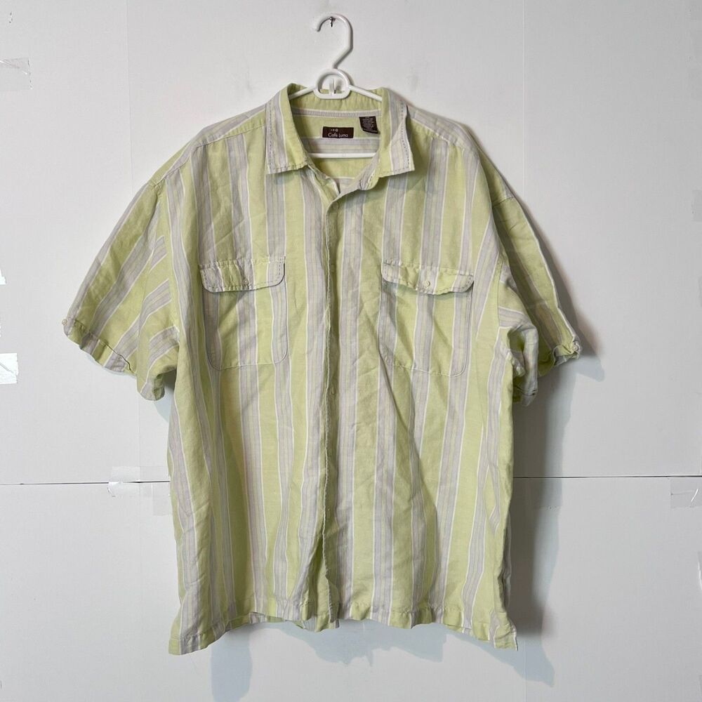 Café Luna Mens Shirt Size 3XL (54-56) Light Green Striped Ramie Button Up